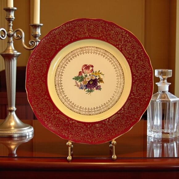 Vintage Steubenville Porcelain Dinner Plate – Floral Center, Red, Pattern #2049 - Picture 1 of 11